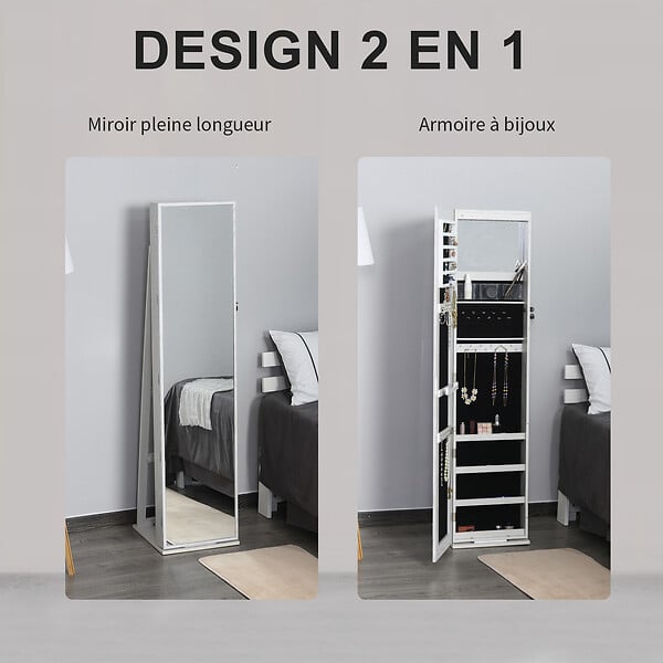 HOMCOM - HOMCOM Armoire à bijoux avec miroir sur pied multi-rangements éclairage LED blanc dim. 38L x 38l x H157 cm - large