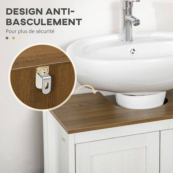 KLEANKIN - Meuble salle de bain - meuble sous-vasque - placard 2 portes avec étagère - panneaux blanc aspect bois noyer - large