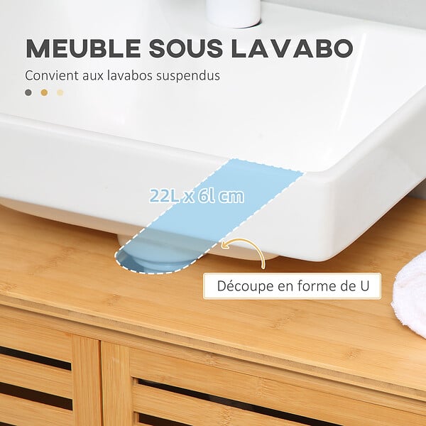 KLEANKIN - Meuble sous-vasque 2 portes à lattes - dim. 66L x 29l x 61,5H cm - bois de bambou verni - large