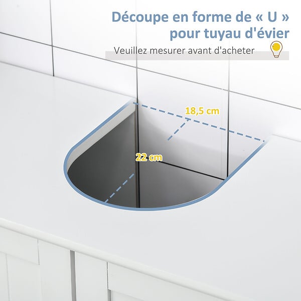 KLEANKIN - Meuble vasque - meuble sous-vasque - 2 portes rainurées avec étagère réglable - poignées métal chromé - dim. 60L x 30l x 60H cm - blanc - large
