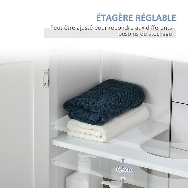 KLEANKIN - Meuble vasque - meuble sous-vasque - 2 portes rainurées avec étagère réglable - poignées métal chromé - dim. 60L x 30l x 60H cm - blanc - large