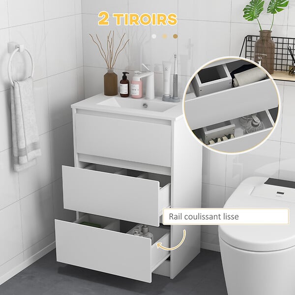 KLEANKIN - Meuble sous-vasque - vasque céramique incluse - 2 tiroirs - dim. 61L x 37l x 88H cm - blanc laqué - large