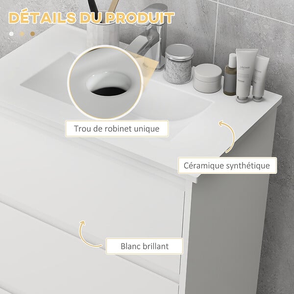 KLEANKIN - Meuble sous-vasque - vasque céramique incluse - 2 tiroirs - dim. 61L x 37l x 88H cm - blanc laqué - large