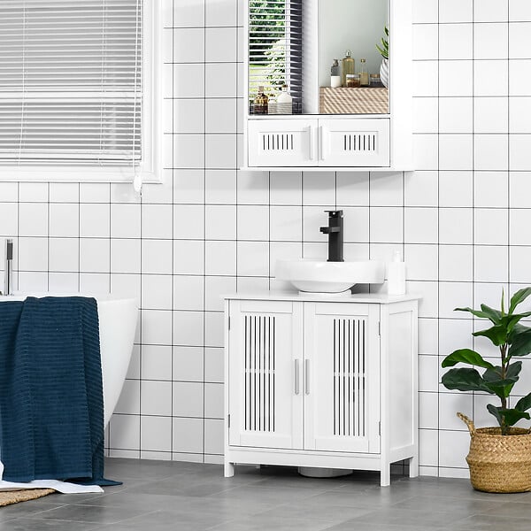 KLEANKIN - Meuble vasque - meuble sous-vasque - 2 portes rainurées avec étagère réglable - poignées alliage aluminium - dim. 60L x 30l x 60H cm - MDF blanc - large