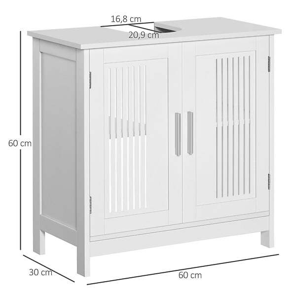 KLEANKIN - Meuble vasque - meuble sous-vasque - 2 portes rainurées avec étagère réglable - poignées alliage aluminium - dim. 60L x 30l x 60H cm - MDF blanc - large