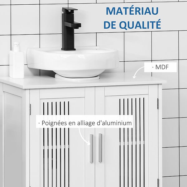 KLEANKIN - Meuble vasque - meuble sous-vasque - 2 portes rainurées avec étagère réglable - poignées alliage aluminium - dim. 60L x 30l x 60H cm - MDF blanc - large