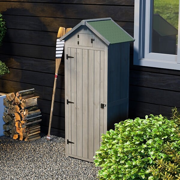 OUTSUNNY - Armoire abri de jardin remise pour outils 3 étagères 2 portes loquets toit pente bitumé 77L x 54l x 179H cm sapin traité gris - large