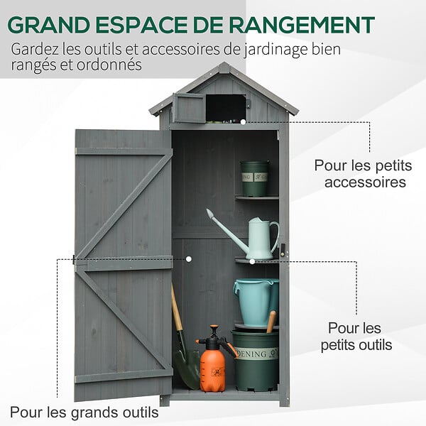 OUTSUNNY - Armoire abri de jardin remise pour outils 3 étagères 2 portes loquets toit pente bitumé 77L x 54l x 179H cm sapin traité gris - large