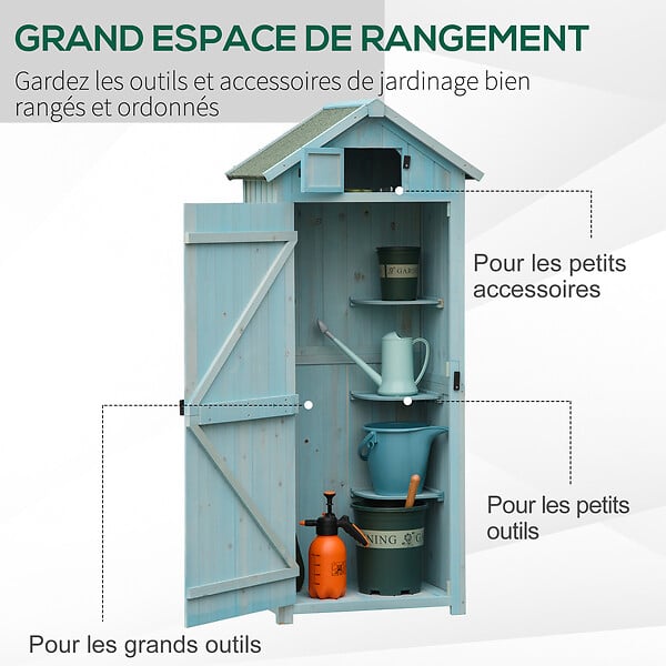 OUTSUNNY - Armoire abri de jardin remise pour outils 3 étagères 2 portes loquets toit pente bitumé 77L x 54l x 179H cm sapin traité bleu - large