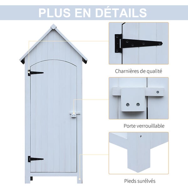 OUTSUNNY - Armoire abri de jardin remise pour outils 3 étagères porte loquet toit pente bitumé dim. 77L x 54l x 179H cm bois sapin pré-huilé blanc - large