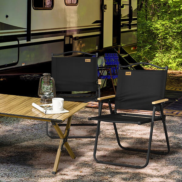 OUTSUNNY - Lot de 2 chaises de plage camping pliantes - poignée - structure acier aspect bois oxford noir - large