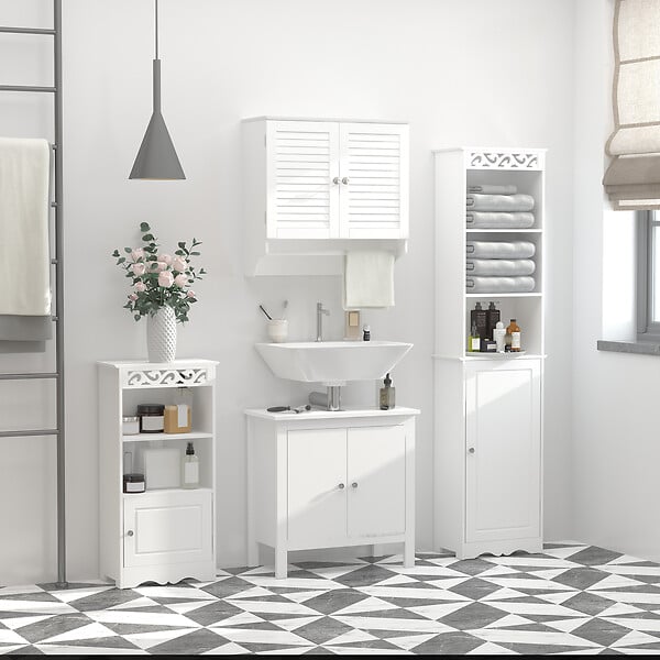 KLEANKIN - Armoire haute murale salle de bain ou WC - placard 2 portes persiennes avec étagère - porte-serviette - MDF blanc - large
