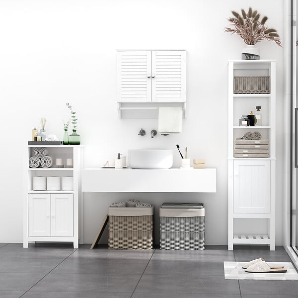 KLEANKIN - Armoire haute murale salle de bain ou WC - placard 2 portes persiennes avec étagère - porte-serviette - MDF blanc - large