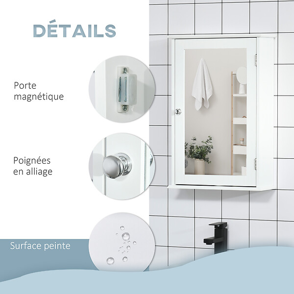 KLEANKIN - Armoire murale de salle de bain avec miroir - armoire à glace - placard de rangement toilettes - 1 porte, 2 étagères - verre MDF blanc - large