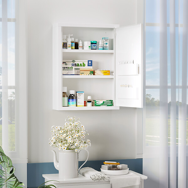 KLEANKIN - Armoire à pharmacie 2 étagères 3 niv. verrouillables dim. 40L x 15l x 53H cm 2 clés logo croix acier blanc - large