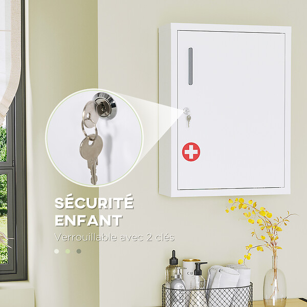 KLEANKIN - Armoire à pharmacie 2 étagères 3 niv. verrouillables dim. 40L x 15l x 53H cm 2 clés logo croix acier blanc - large