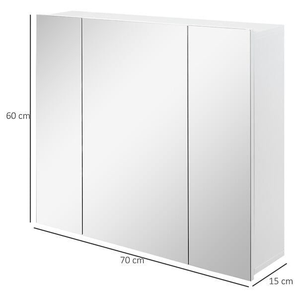 KLEANKIN - Armoire miroir de salle de bain armoire murale 3 portes 2 étagères dim. 70L x 15l x 60H cm MDF blanc - large