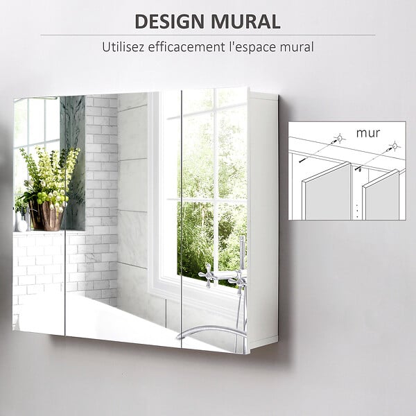 KLEANKIN - Armoire miroir de salle de bain armoire murale 3 portes 2 étagères dim. 70L x 15l x 60H cm MDF blanc - large