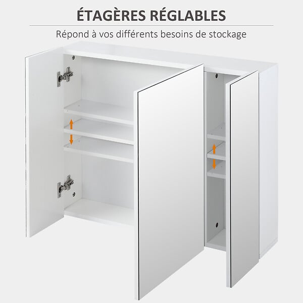 KLEANKIN - Armoire miroir de salle de bain armoire murale 3 portes 2 étagères dim. 70L x 15l x 60H cm MDF blanc - large