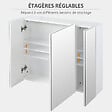 KLEANKIN - Armoire miroir de salle de bain armoire murale 3 portes 2 étagères dim. 70L x 15l x 60H cm MDF blanc - vignette