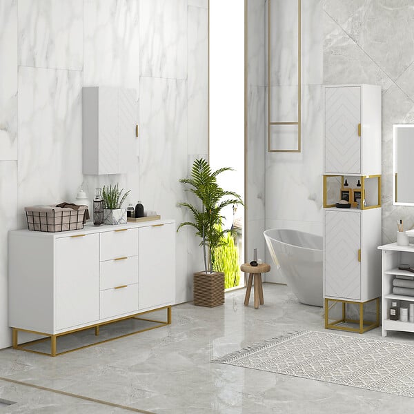 KLEANKIN - Armoire murale de salle de bain - porte, 2 étagères - poignée métal doré MDF blanc - large