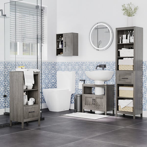 KLEANKIN - Armoire haute murale de salle de bain ou WC placard 1 porte 3 niches dim. 48L x 20l x 50H cm panneaux particules gris - large
