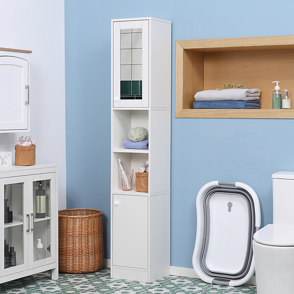 KLEANKIN - Meuble colonne de salle de bain 2 portes avec étagères réglables 2 niches miroir panneaux particules blanc - large