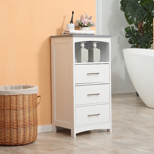 KLEANKIN - Meuble colonne salle de bain style contemporain - 3 tiroirs, niche - MDF blanc gris - large