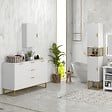 KLEANKIN - Meuble colonne rangement salle de bain design - 2 portes, 2 étagères, niche - acier doré MDF blanc - vignette