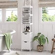 KLEANKIN - Meuble colonne rangement salle de bain dim. 30L x 30l x 144H cm 2 tiroirs 3 étagères MDF blanc - vignette
