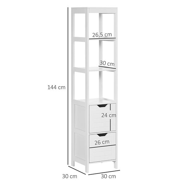 KLEANKIN - Meuble colonne rangement salle de bain dim. 30L x 30l x 144H cm 2 tiroirs 3 étagères MDF blanc - large