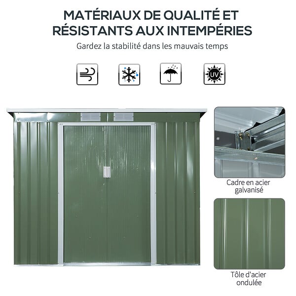 OUTSUNNY - Abri de jardin - remise pour outils - fondation incluse - cabanon 2 portes coulissantes verrouillables - dim. 213L x 130l x 173H cm - tôle d'acier vert - large