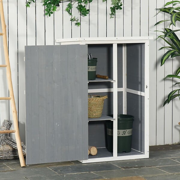 OUTSUNNY - Armoire abri de jardin remise pour outils - grande porte verrouillable loquet - 2 étagères - toit bitumé incliné bois de sapin blanc gris - large