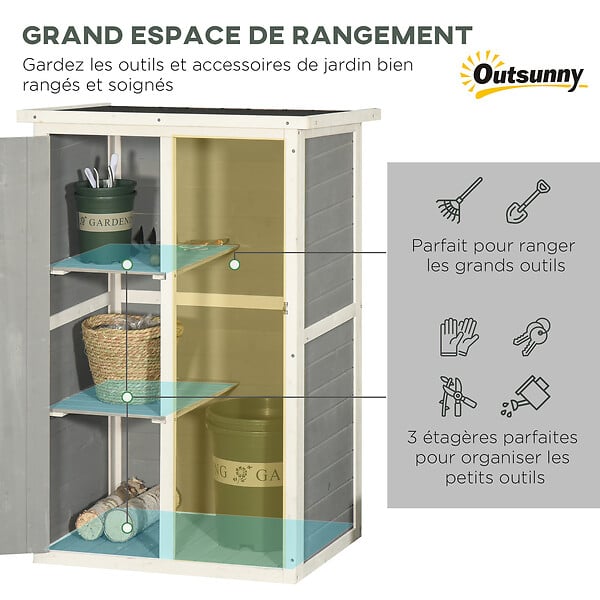 OUTSUNNY - Armoire abri de jardin remise pour outils - grande porte verrouillable loquet - 2 étagères - toit bitumé incliné bois de sapin blanc gris - large