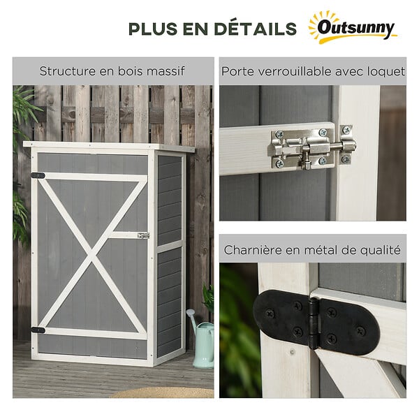OUTSUNNY - Armoire abri de jardin remise pour outils - grande porte verrouillable loquet - 2 étagères - toit bitumé incliné bois de sapin blanc gris - large