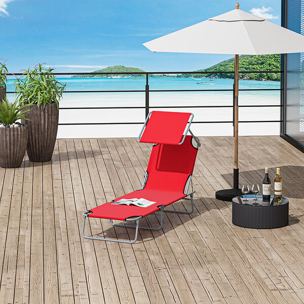 OUTSUNNY - Transat bain de soleil pliable grand confort dossier et pare-soleil réglable multi-positions rouge - large