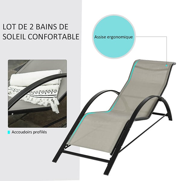 OUTSUNNY - Lot de 2 bains de soleil design contemporain table basse plateau verre trempé métal époxy textilène grège - large