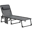 OUTSUNNY - Bain de soleil transat pliable avec poignée - dossier inclinable multi-positions, pochette, tétière - acier époxy noir lacets élastiques textilène gris - vignette