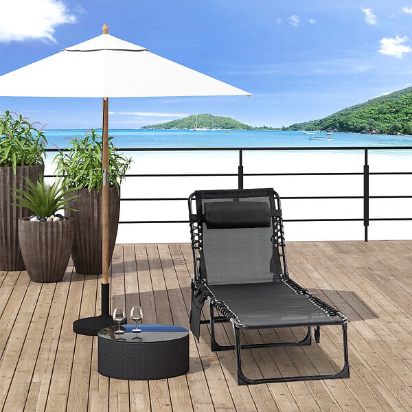 OUTSUNNY - Bain de soleil transat pliable avec poignée - dossier inclinable multi-positions, pochette, tétière - acier époxy lacets élastiques textilène noir - large