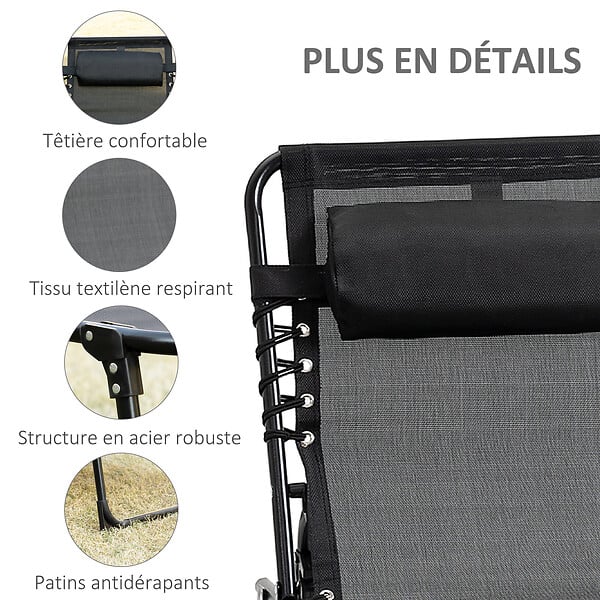 OUTSUNNY - Bain de soleil transat pliable avec poignée - dossier inclinable multi-positions, pochette, tétière - acier époxy lacets élastiques textilène noir - large
