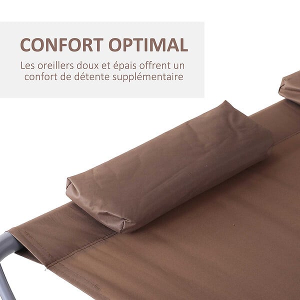 OUTSUNNY - Bain de soleil 2 places lit de jardin design contemporain toit réglable 2 roulettes 2 oreillers acier époxy polyester marron foncé - large