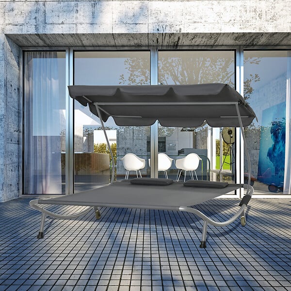 OUTSUNNY - Bain de soleil 2 places lit de jardin design contemporain toit réglable 2 roulettes 2 oreillers acier époxy polyester gris - large