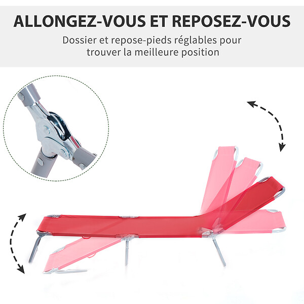 OUTSUNNY - Bain de soleil transat pliable dossier réglable multipositions métal et polyester rouge - large