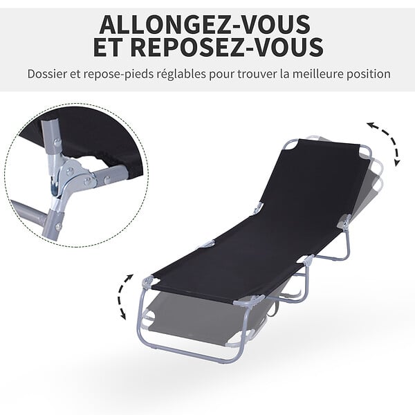 OUTSUNNY - Bain de soleil transat pliable dossier réglable multipositions métal et polyester noir - large