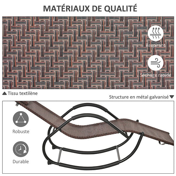 OUTSUNNY - Chaise longue à bascule rocking chair design contemporain dim. 160L x 61l x 79H cm métal textilène brun - large