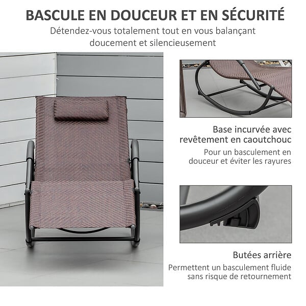 OUTSUNNY - Chaise longue à bascule rocking chair design contemporain dim. 160L x 61l x 79H cm métal textilène brun - large
