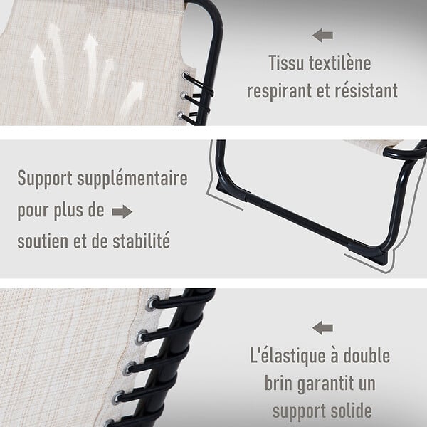 OUTSUNNY - Bain de soleil transat pliable dossier inclinable multi-positions acier thermoplastique lacets élastiques noir textilène crème - large
