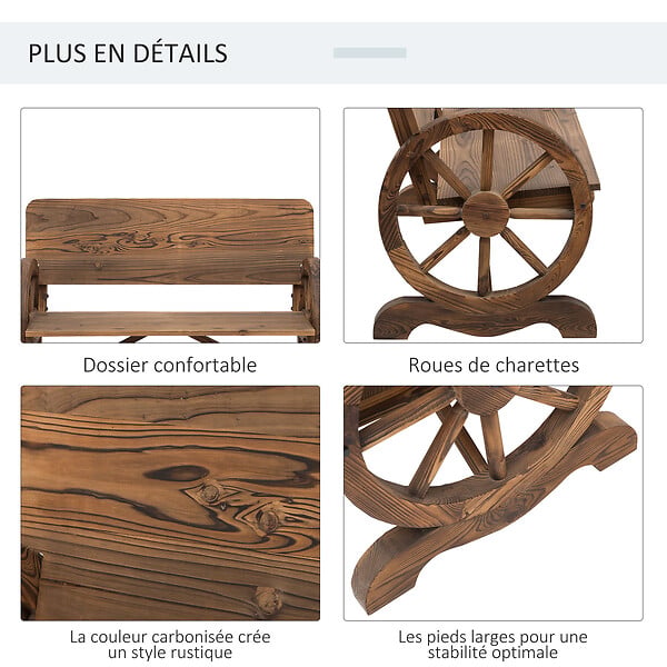 OUTSUNNY - Banc de jardin 3 places style rustique chic accoudoirs roues de charette bois sapin traité carbonisation - large