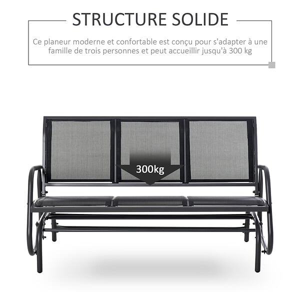OUTSUNNY - Banc à bascule de jardin 3 places design contemporain grand confort accoudoirs assise et dossier ergonomique acier textilène noir - large
