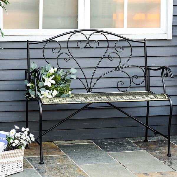 OUTSUNNY - Banc de jardin 2 places style néo-rétro fer forgé lignes fuselées métal noir doré effet vieilli - large